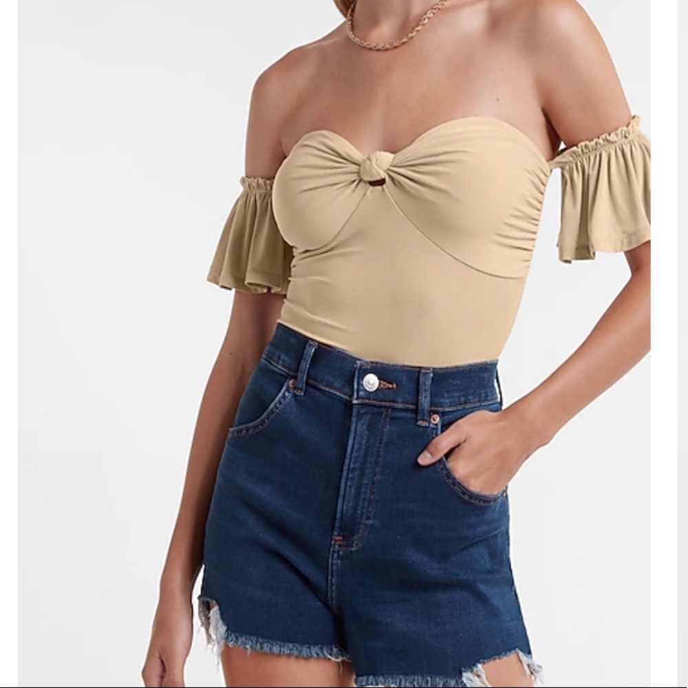 NWT. Express off the shoulder knotted flutter sleeve thong bodysuit